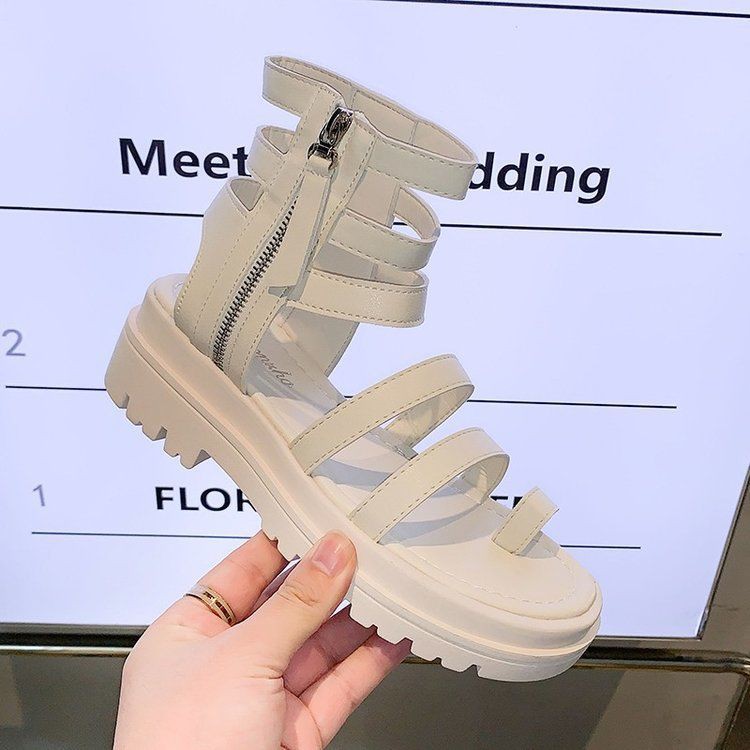 Sandals 2021 nữ mới bánh xốp mùa hè đế dày cao trên đầu dây kéo phía sau rỗng La mã giày đi biển bình thường