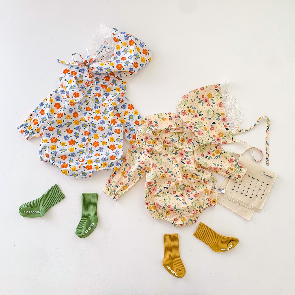 Bộ áo liền quần + mũ in hoa xinh xắn cho bé gái sơ sinh