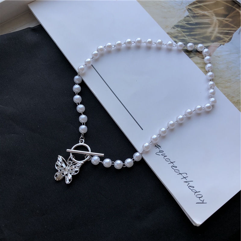 [Miễn Phí Vận Chuyển] Dây Chuyền choker Mặt Hình Bướm Khoét Rỗng Đính Đá Zircon Và Ngọc Trai Giả Phong Cách Harajuku Nhật Hàn Cá Tính 22395