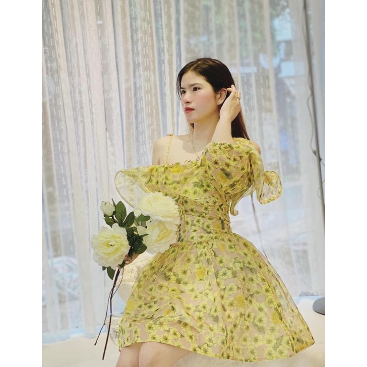 Váy hoa trễ vai viền bèo háck dáng Hakieu MSP 111