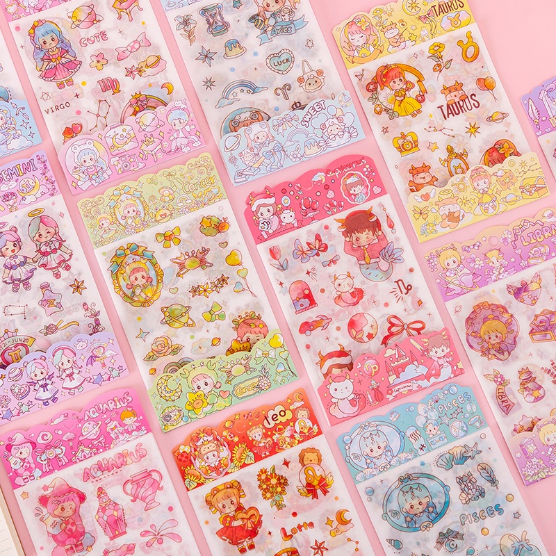 Sét 4 tấm sticker cute dán trang trí sổ tay chủ đề 12 chòm sao