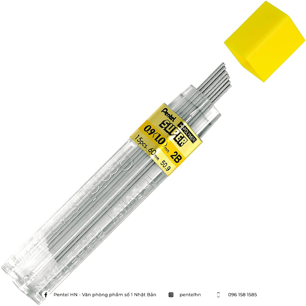 Ruột Chì Kim Pentel Hi-Polymer Super 50.9 2B Ngòi 0.9mm | Siêu ứng (15 Ruột/Tuýp)