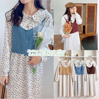 Váy hoa nhí nhung cổ bèo vintage dài tay thu đông ULLZZANG quảng châu, Váy cổ bèo Hàn Quốc