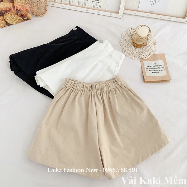 Quần đùi nữ mặc nhà vải Kaki mềm co giãn cúc cài khóa kéo thật lưng chun dáng quần short nữ ống rộng đi biển ngủ tập gym