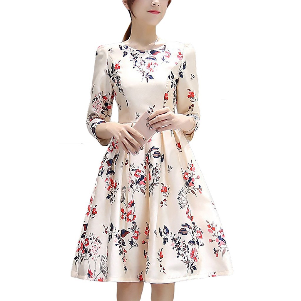 Đầm xòe ôm eo tay lỡ in hoa thanh lịch | BigBuy360 - bigbuy360.vn