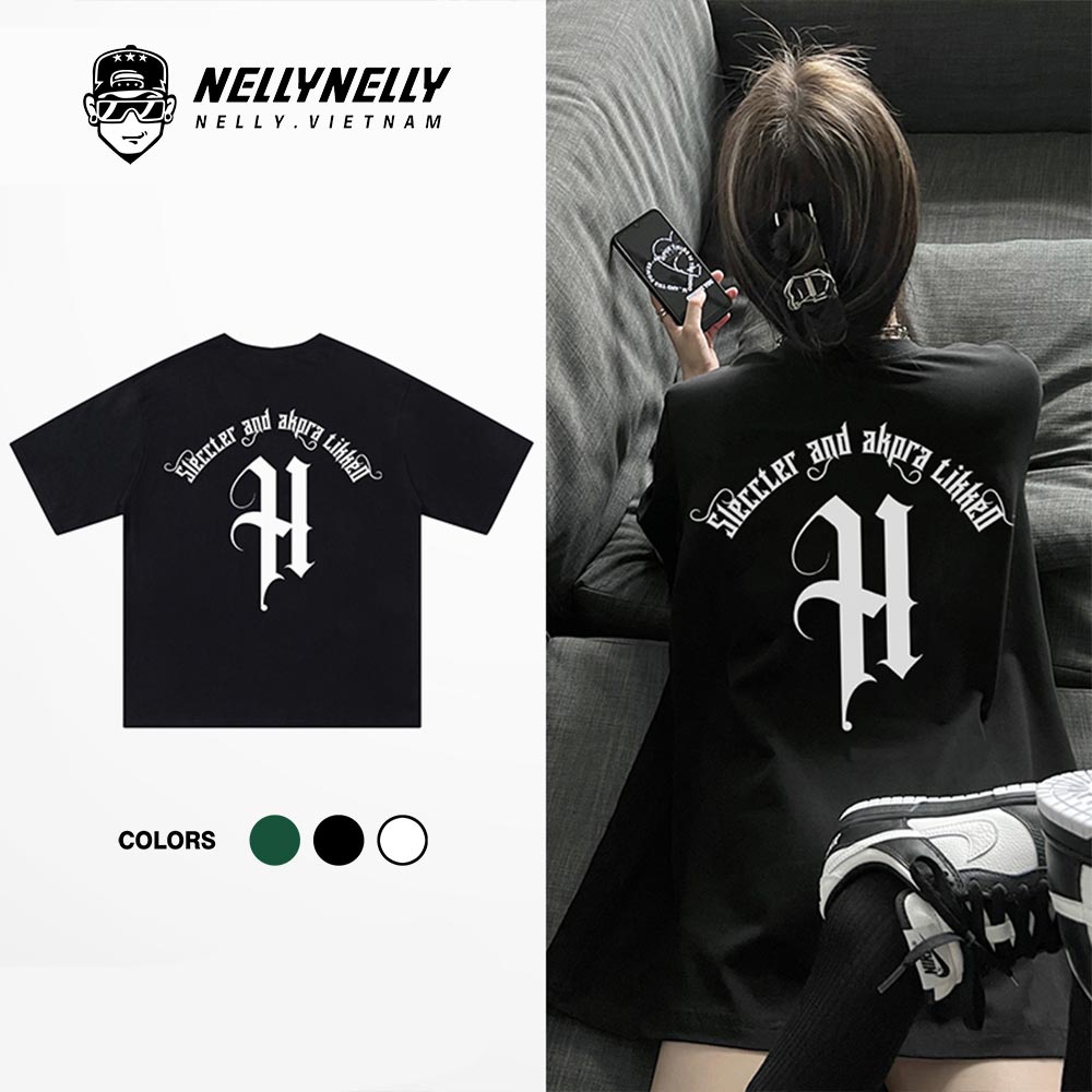 Áo thun tay lỡ NELLY chất cotton premium form dáng rộng in hình mẫu chữ H