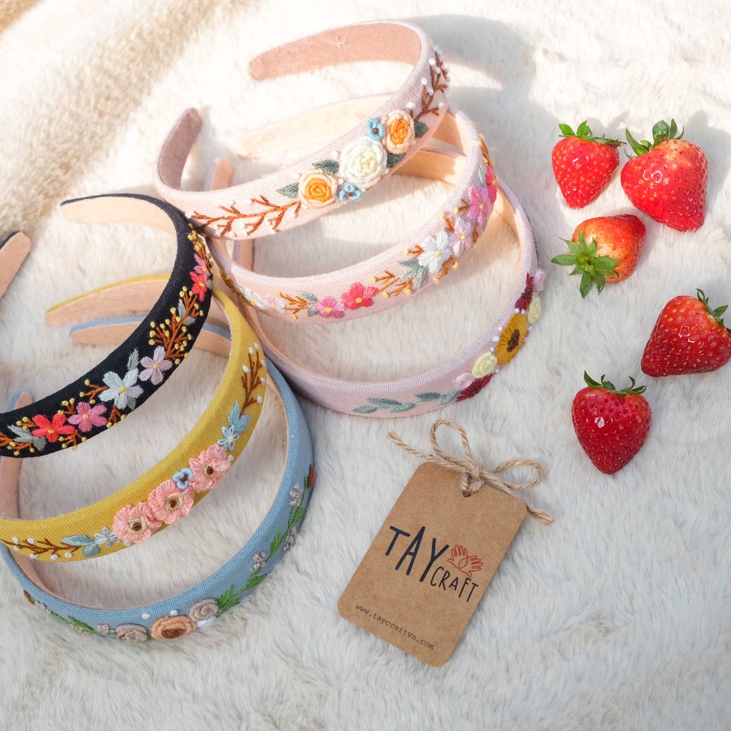 Bờm tóc linen handmade, băng đô tóc thêu tay thủ công bản 2.5cm