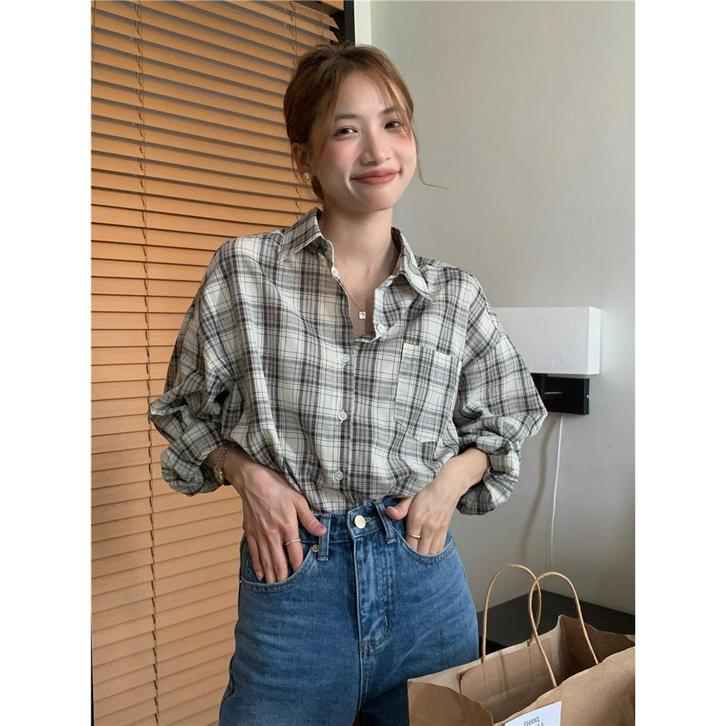 61211 Hàn Quốc Giản Dị polo Cổ Áo Sơ Mi Dài Tay Kẻ Sọc