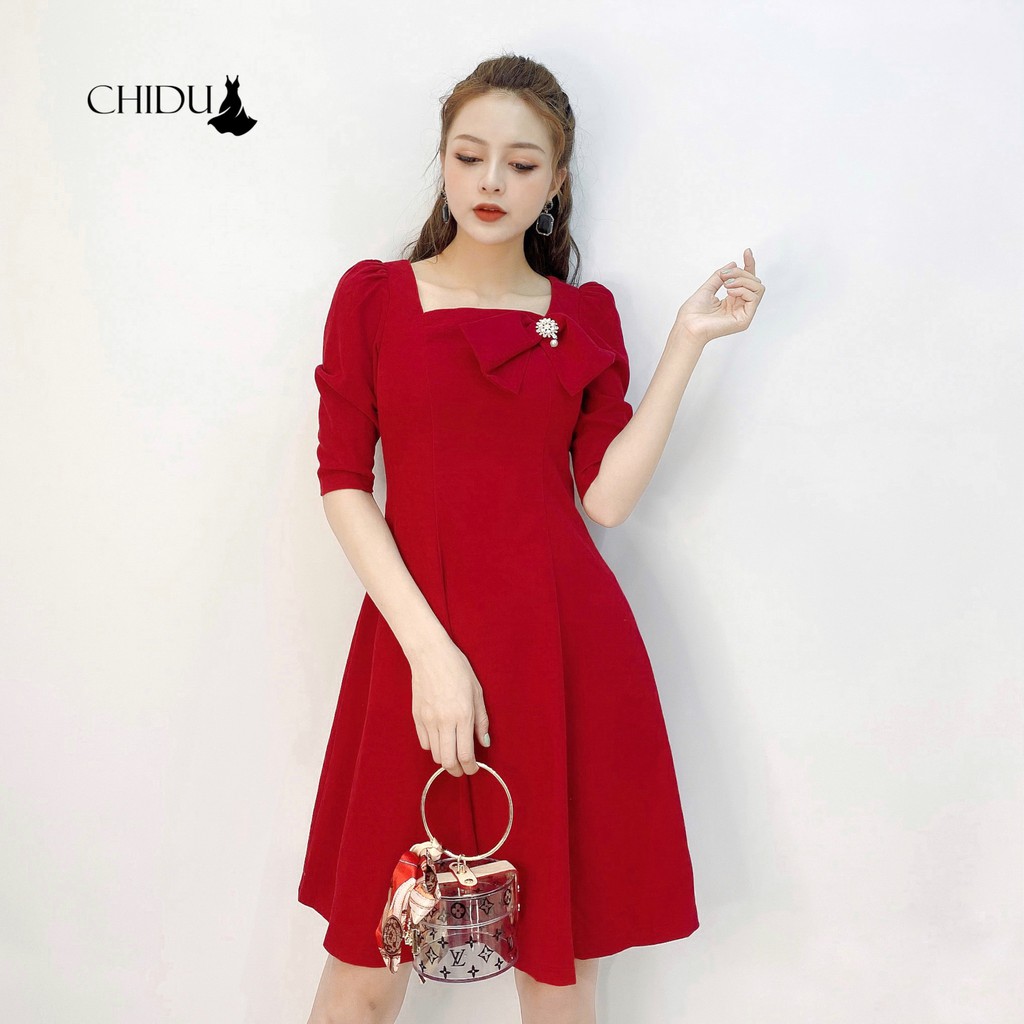 CHIDU váy nhung cổ vuông đính nơ - SP311 | BigBuy360 - bigbuy360.vn