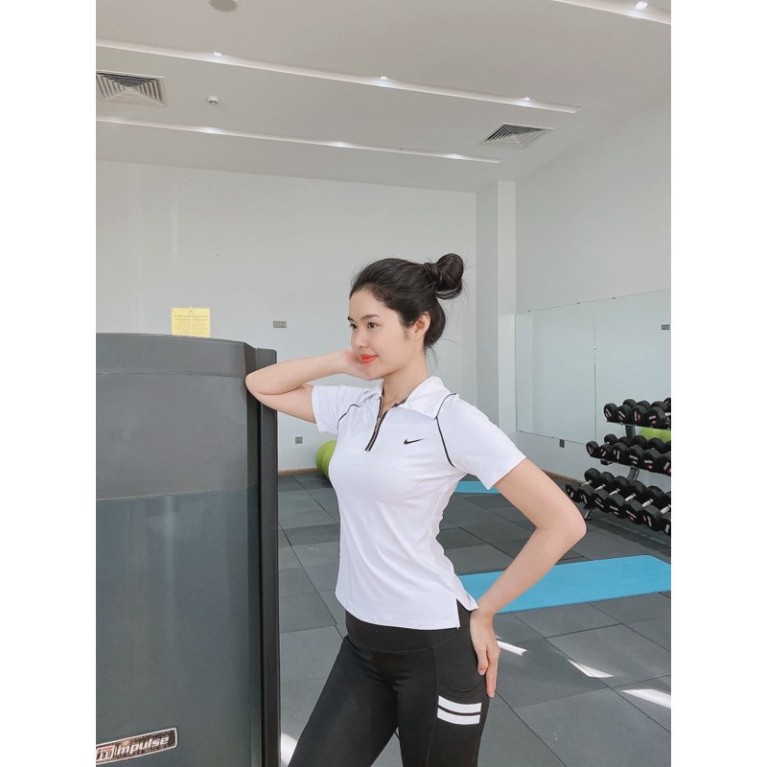 Áo Thể Thao Nữ Tay Ngắn Cổ Trụ Khóa Đồng Nk, Chất Thun Polly Co Giãn 4 Chiều Mịn, Đẹp