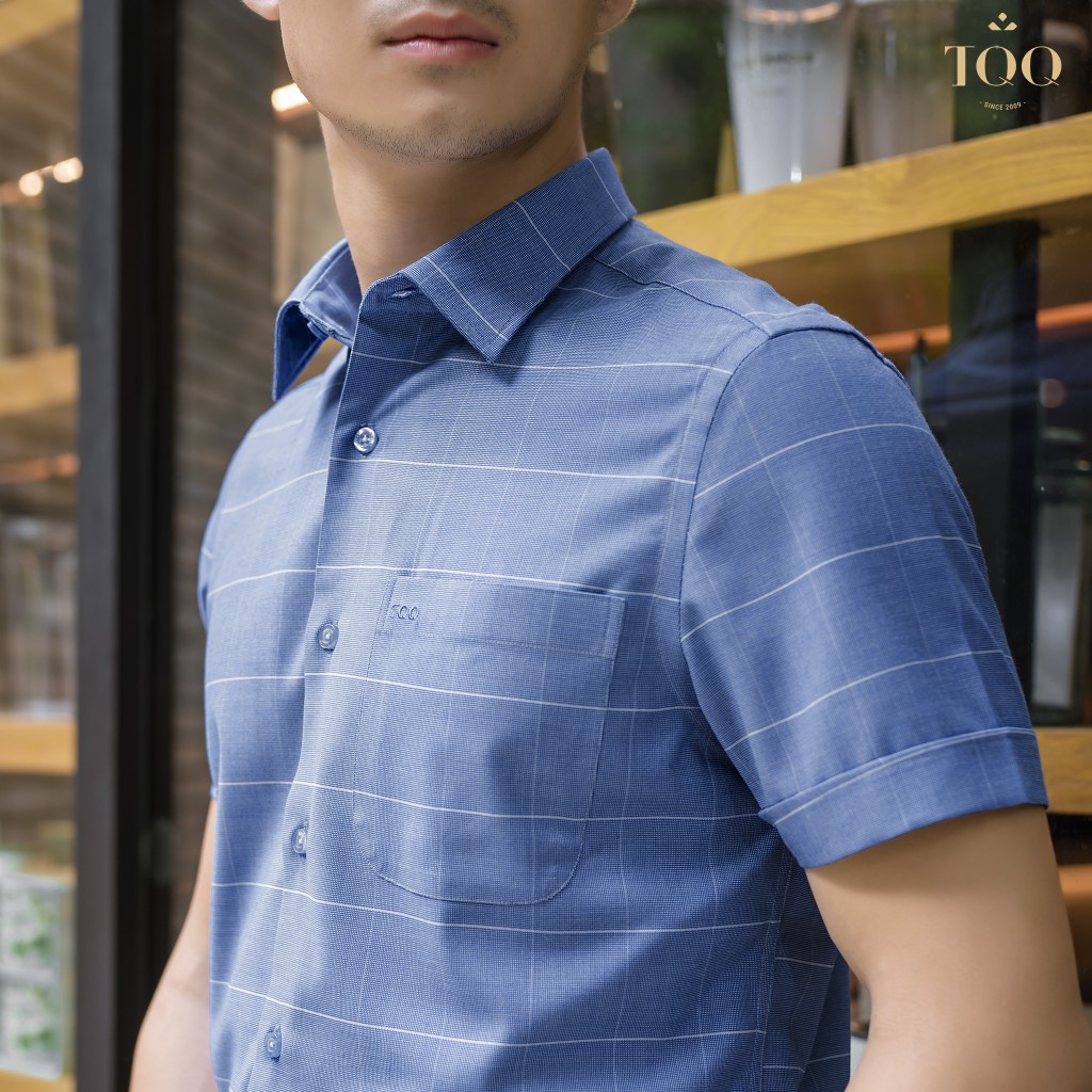 Áo sơ mi nam ngắn tay TQQ cotton không nhăn kẻ xanh dương vạt bằng có túi K143CB | BigBuy360 - bigbuy360.vn