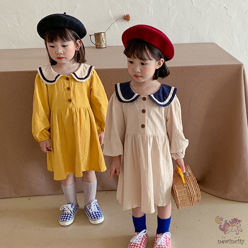 Đầm Bé Gái Tay Dài Cổ Thủy Thủ Phong Cách Hàn Quốc