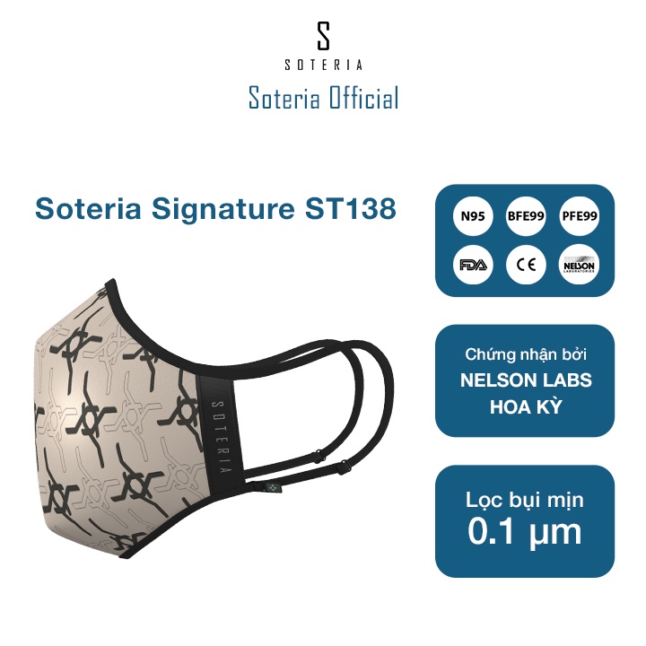 Khẩu trang tiêu chuẩn Quốc Tế SOTERIA Signature ST136 - Bộ lọc N95 BFE PFE 99 lọc đến 99% bụi mịn 0.1 micro- Size S,M,L