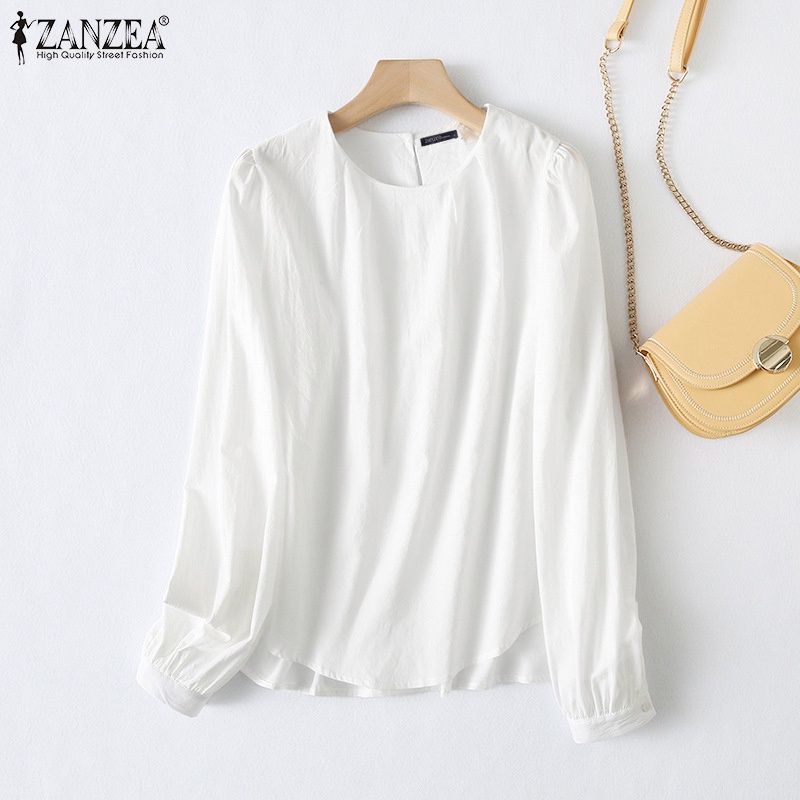 Zanzea Áo Kiểu Tay Phồng Dài Cổ Tròn Xếp Ly Cài Nút Sau Lưng Màu Trơn Thời Trang Cho Nữ