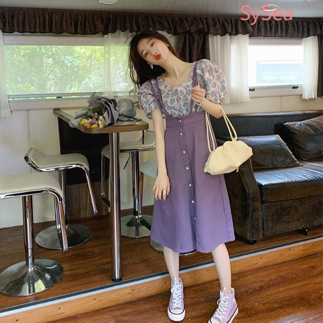 Set Áo Sơ Mi Tay Ngắn + Váy Yếm Màu Tím Thời Trang Mùa Hè Hàn Quốc Cho Nữ
