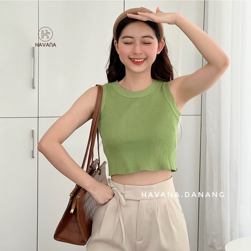 Áo tanktop ba lỗ len gân, áo croptop cổ tròn freesize co giãn AE208