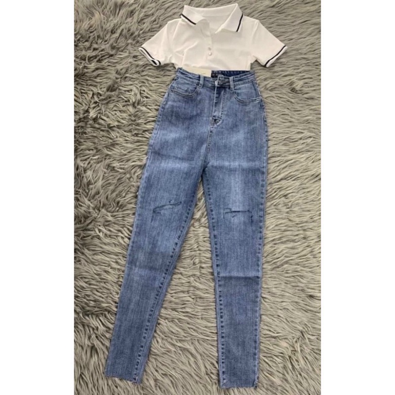 Quần jeans RÁCH GỢN SÓNG lưng siêu cao