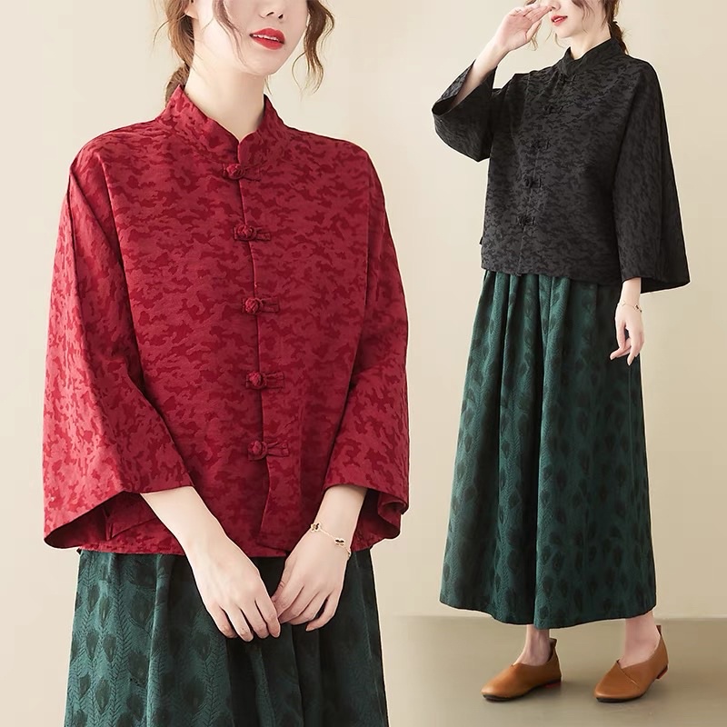 Áo cổ tàu gấm cotton / Váy gấm cotton lưng thun / Chất liệu chính phẩm, thấm hút mồ hôi / phù hợp chụp ảnh,đi lễ,trà đạo