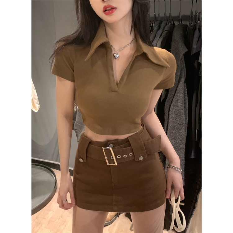 Áo polo Ngắn Tay Cổ V Lưng Cao Vừa Vặn Phong Cách retro Mỹ Cho Nữ