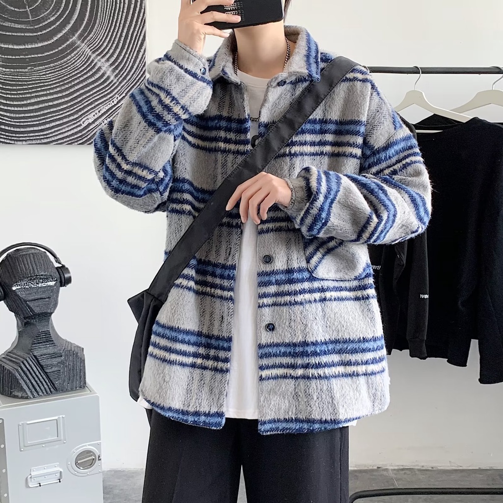 Áo Sơ Mi Lông Cá Tính Vintage Unisex Peony_boutique 👉  Cổ Bẻ Bo Dài Tay Khóa Zip Cá Tính Nam Nữ