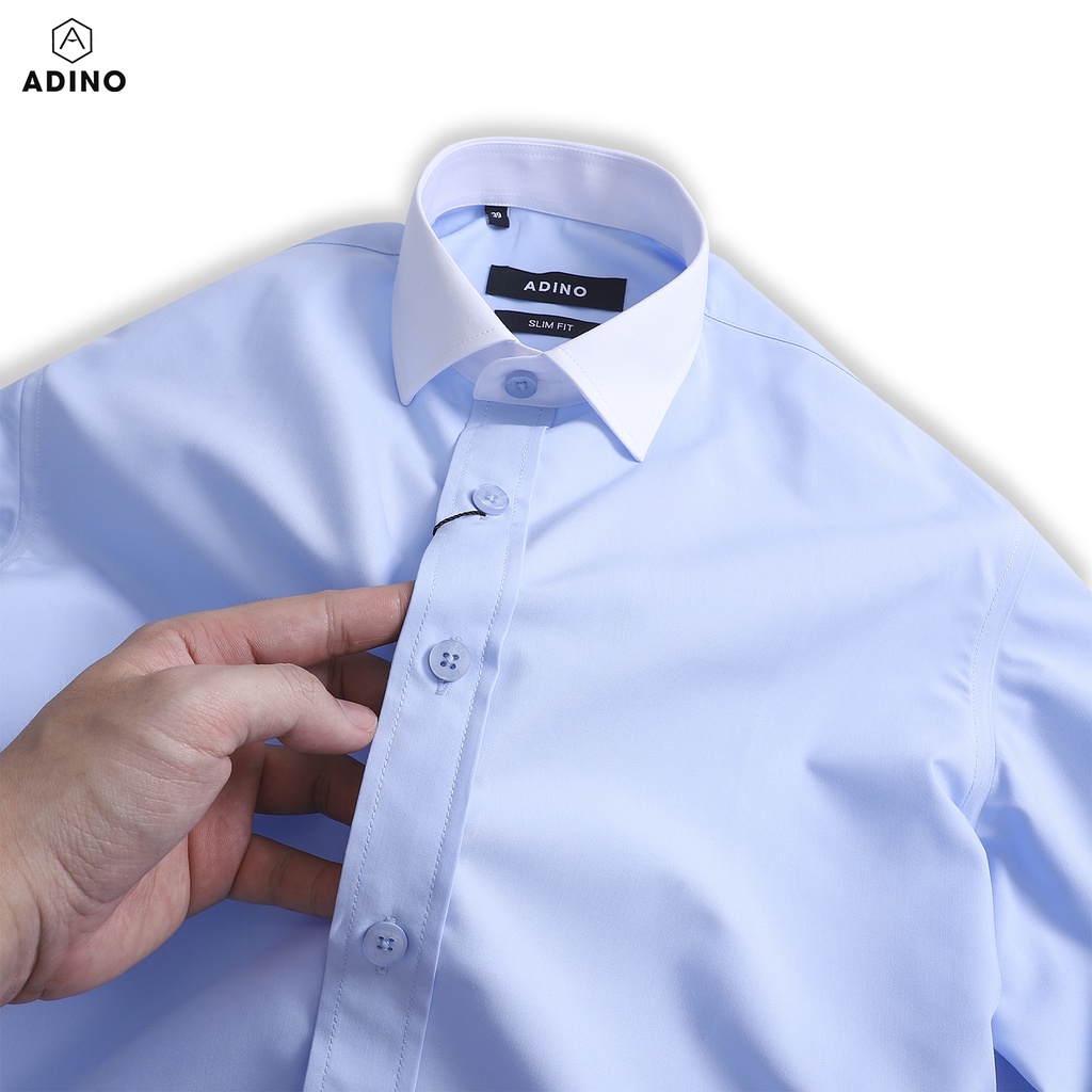 Áo sơ mi nam hàn quốc màu xanh nhạt phối cổ trắng ADINO vải nến lụa sợi sồi modal dáng công sở slimfit hơi ôm SM10