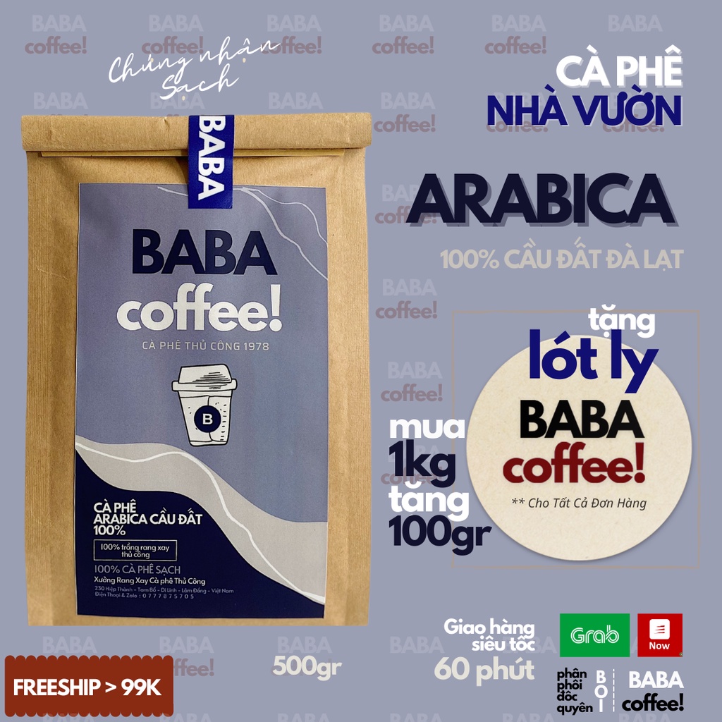 Cà phê Arabica Cầu Đất nguyên chất 100% hậu vị ngọt thơm quyến rũ gói 500g Pha Máy - BaBa Coffee