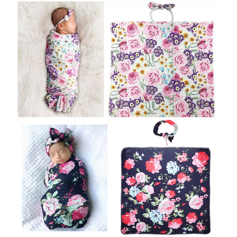 Set 2 món gồm chăn quấn + băng đô + túi ngủ bằng cotton in họa tiết hoa dành cho bé sơ sinh&lt;br&gt;
