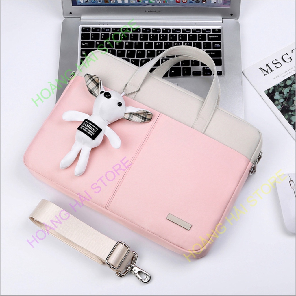 Túi xách, cặp xách chống sốc cho laptop, macbook, kèm ví đựng phụ kiện, túi công sở nữ đeo chéo kèm gấu cute