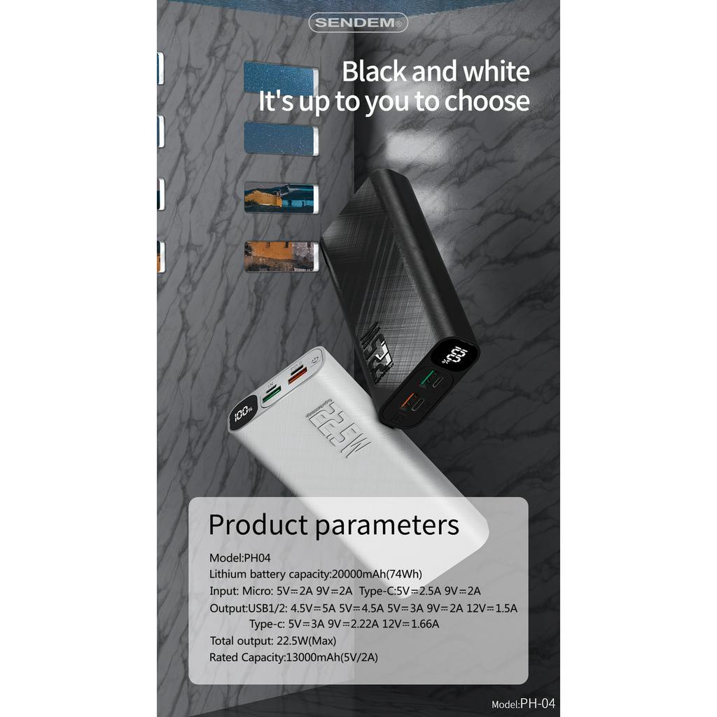 Sạc dự phòng Sendem PH04 20000Mah sạc nhanh PD22.5W