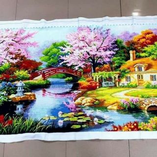 Tranh thêu chữ thập tổ ấm đồng sông và ngôi nhà, 2.4 x 1.2 m