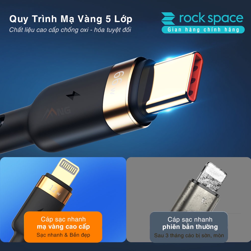 Dây cáp sạc nhanh chính hãng ba đầu Rockspace G18  dây dù, sạc 3 thiết bị cùng lúc, BH 12 tháng