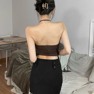 [ A-180] Áo ống dây tà dài phối kiểu form croptop ôm body dây cổ yếm chất vải thun gân len 4 chiều Free SIze dưới 53kg