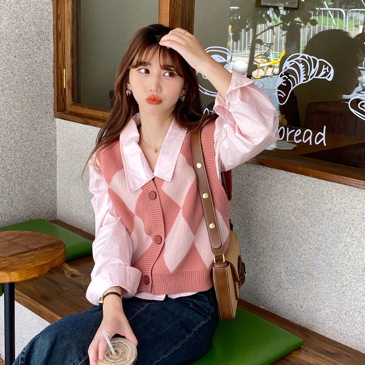 Set áo khoác len không tay và áo sơ mi tay dài thời trang dành cho nữ