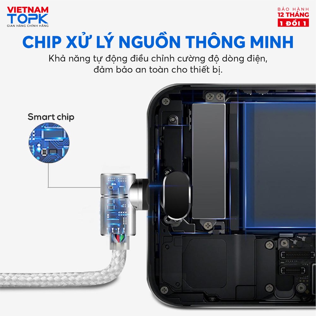 Dây sạc nam châm đầu nối vuông góc TOPK AM30 Đèn LED Hàng chính hãng Bảo hành 12 tháng