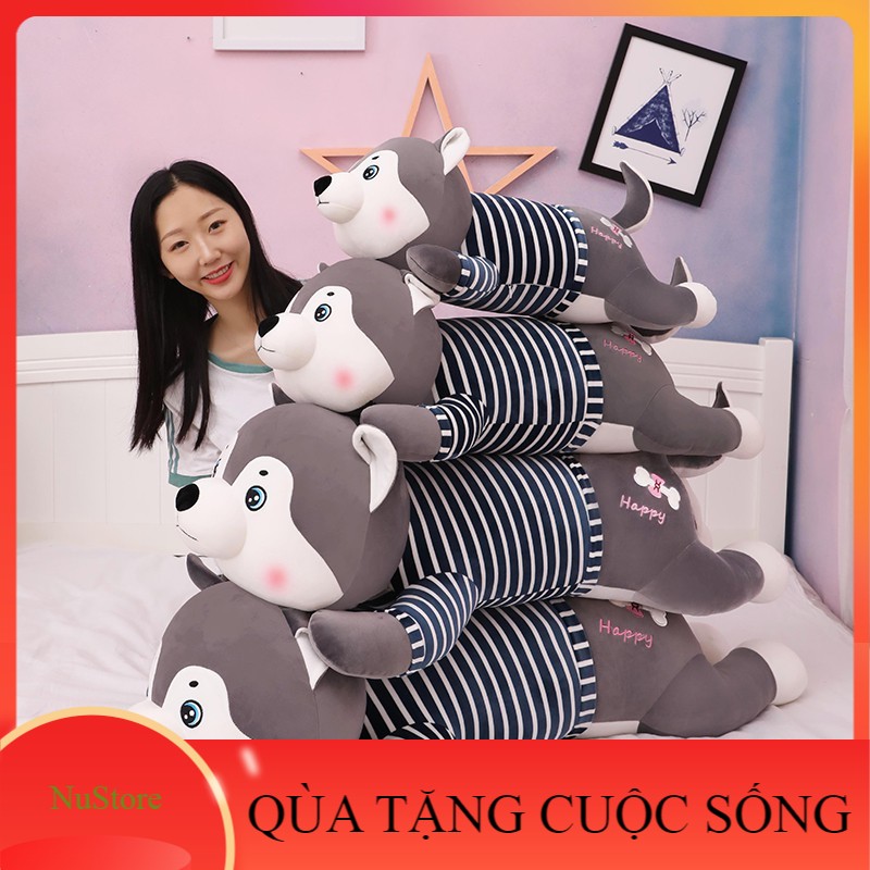 Gấu bông ,Chó bông husky áo kẻ happy vải co dãn 4 chiều tiêu chuẩn miniso