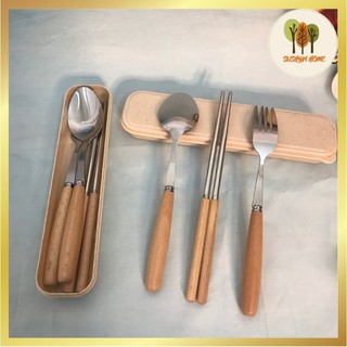 Bộ Thìa Đũa Cá Nhân💝Bộ Đũa Thìa Lúa Mạch Chuôi Gỗ Có Hộp Đựng💝Tiện Dụng Sạch Sẽ