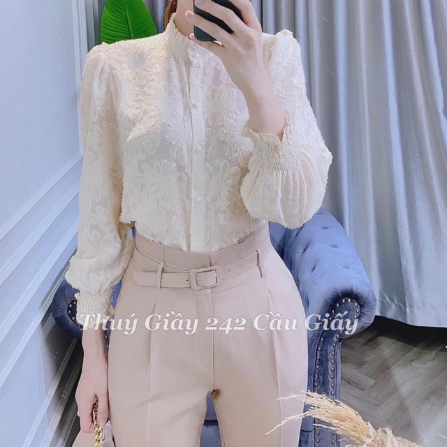 Áo sơ mi nữ ren dài tay đẹp dáng suông màu trắng be đi làm đi chơi TNT
