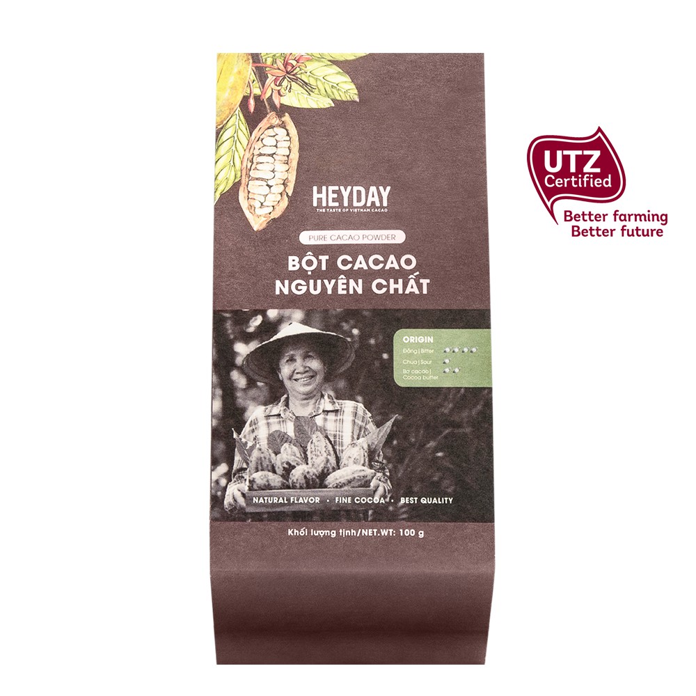 Bột cacao nguyên chất 100% không đường Heyday - Dòng Origin thượng hạng 100g - Chuẩn UTZ Quốc Tế