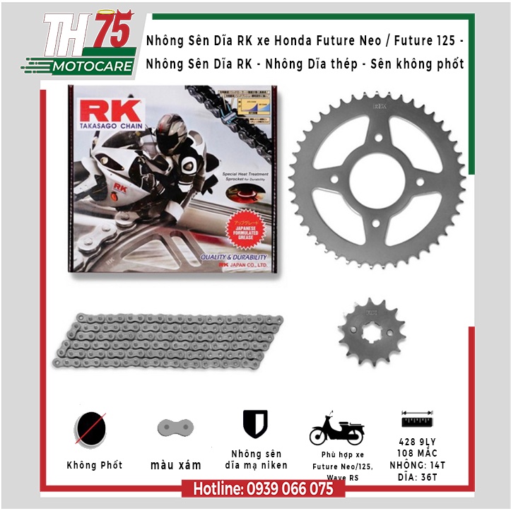 Bộ Nhông Sên Dĩa RK xe Honda Future Neo Future 125Fi, Wave RSX, Blade - Nhông Dĩa thép - Sên không phốt