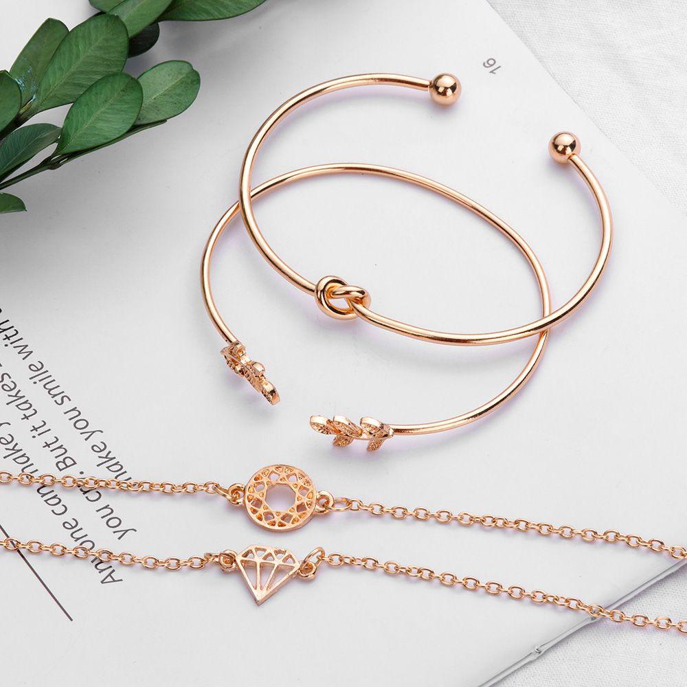 Bộ 4 Vòng Tay Hở Bằng Hợp Kim Hình Chiếc Lá / Thắt Nút Độc Đáo Thời Trang