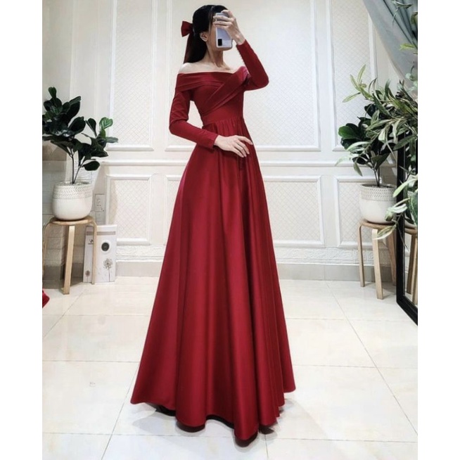 Đầm váy dạ hội cô dâu đi bàn bẹt vai xếp ly,phối nơ lưng sang chảnh