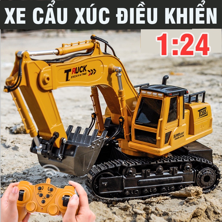 Xe cẩu xúc điều khiển từ xa mô hình tỉ lệ 1:24 sóng 2.4G có âm thanh và đèn sử dụng pin sạc