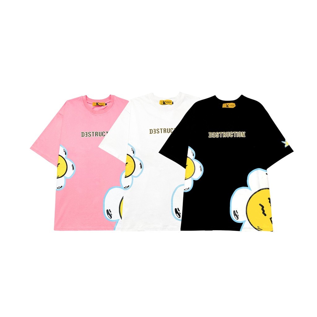 Áo thun local brand Destruction in hoạ tiết hoa cúc và trứng ốp la nhiều màu, cổ tròn, cotton