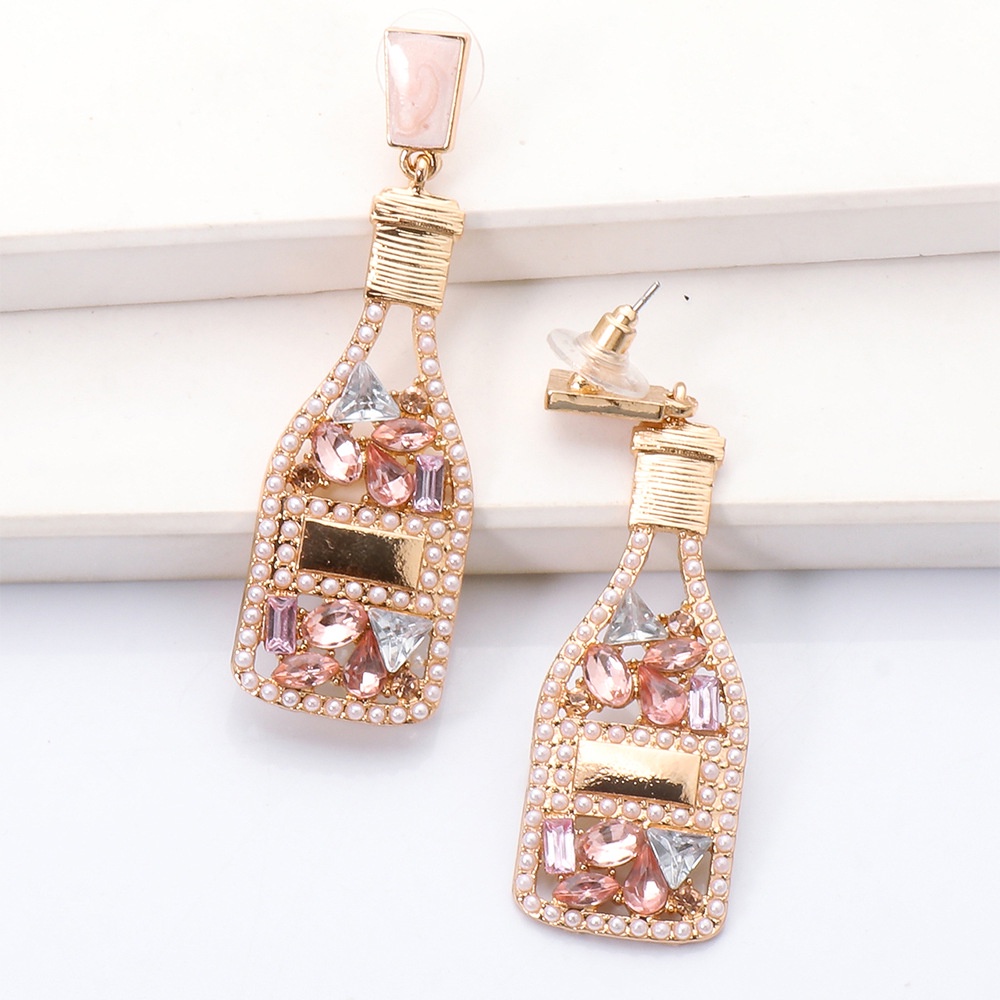 Khuyên Tai Dáng Dài Hình Chai Rượu Champagne Đính Đá & Ngọc Trai Giả Bằng Hợp Kim Thời Trang Cho Nữ PD610