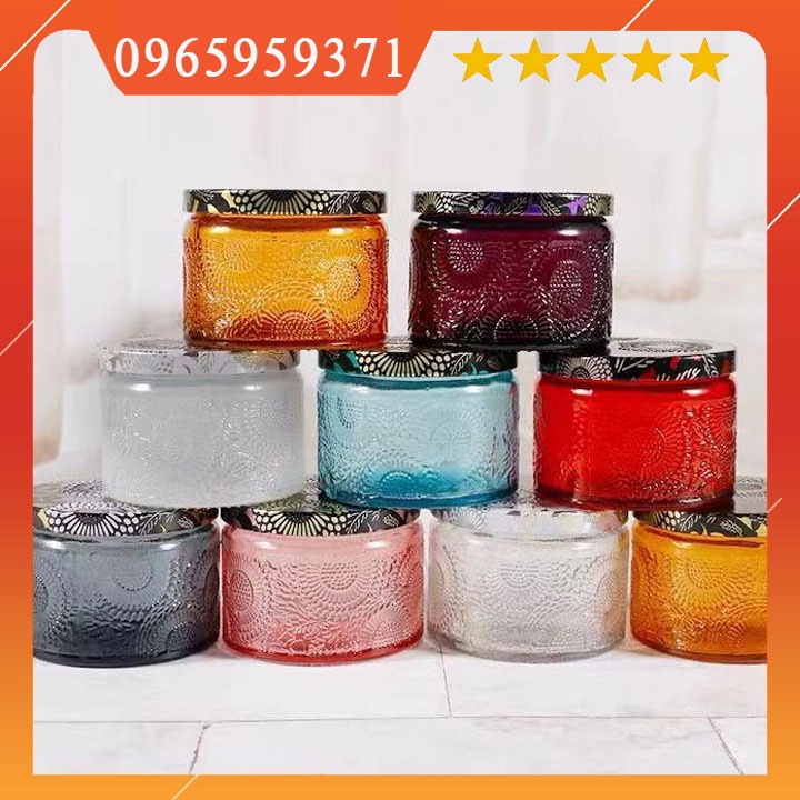 Ly Cốc Đựng Nến thơm hoa văn dập nổi có nắp 120ml Handmade