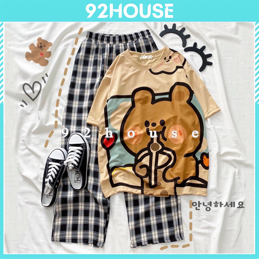 Set đồ bộ quần dài kẻ sọc caro ống rộng unisex Đồ bộ sọc caro nữ áo phông tay ngắn quần dài kate dáng suông