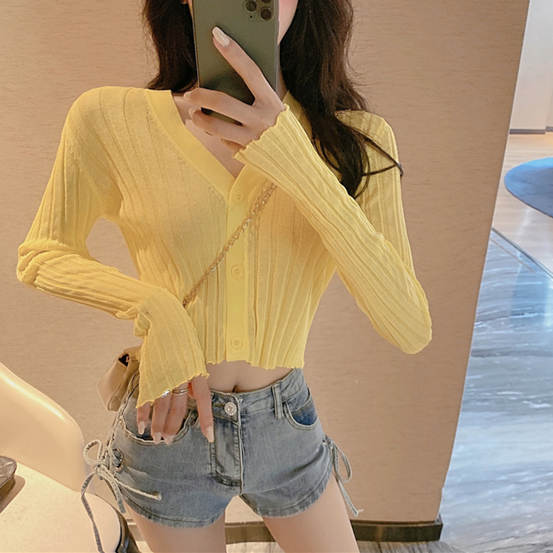 Áo cardigan IELGY dệt kim mỏng tay dài cổ chữ V màu sắc ngọt ngào thời trang mùa hè cho nữ