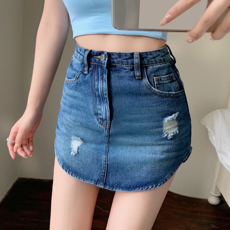 Chân Váy Jeans Chữ A Lưng Cao Xẻ Tà Phong Cách Vintage Cho Nữ