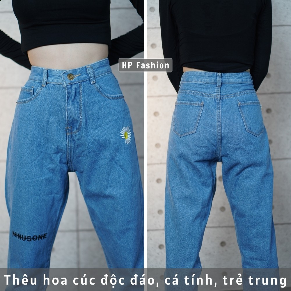 Quần baggy nữ ❤️ Quần jean cạp cao thêu hoa cúc chất bò dày dặn trẻ trung - QJ03