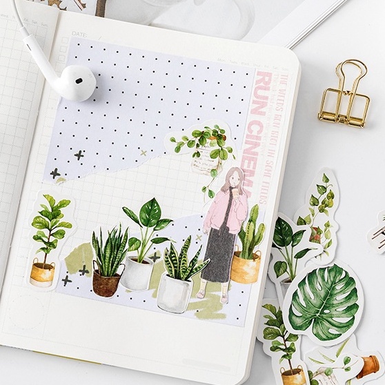 Hộp 45 Sticker nhãn dán Lá cây xanh, anh đào trang trí Bullet journal, album STI01